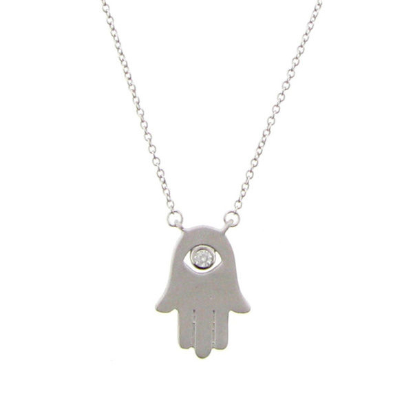 Matt Finished Sterling Silver Hamsa Hand Cubic Zirconia Eye Necklace