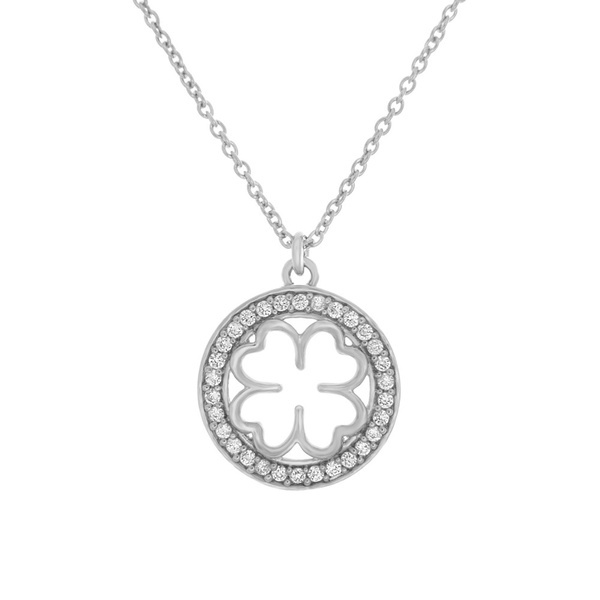 Rose Gold Sterling Silver Micropave CZ Four Leaf Clover Round Necklace