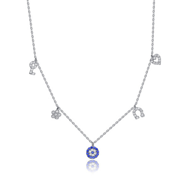 Sterling Silver Blue Sapphire and White Cubic Zirconia Multi Charm Necklace