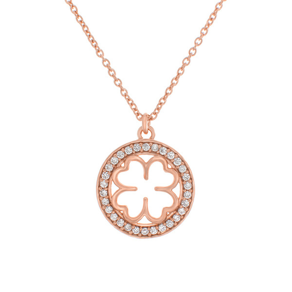 Rose Gold Sterling Silver Micropave CZ Four Leaf Clover Round Necklace