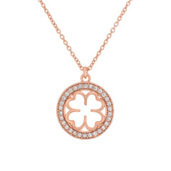 Rose Gold Sterling Silver Micropave CZ Four Leaf Clover Round Necklace