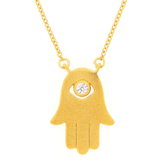 Matt Finished Sterling Silver Hamsa Hand Cubic Zirconia Eye Necklace