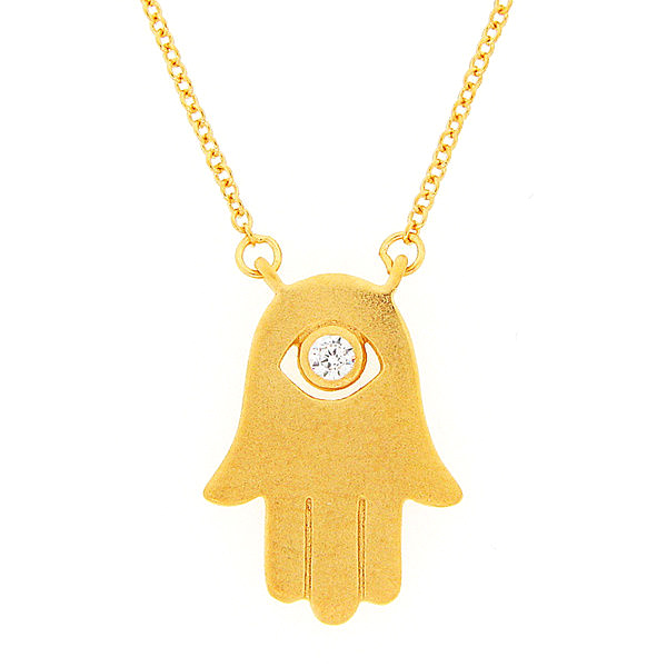 Matt Finished Sterling Silver Hamsa Hand Cubic Zirconia Eye Necklace