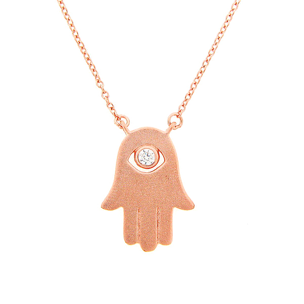 Matt Finished Sterling Silver Hamsa Hand Cubic Zirconia Eye Necklace