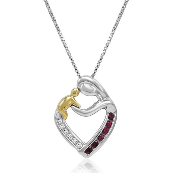 Two Tone Plated Sterling Silver Mother and Son Heart Pendant Necklace