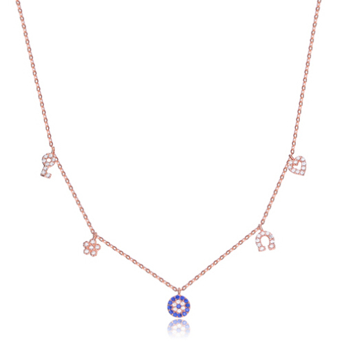 Sterling Silver Blue Sapphire and White Cubic Zirconia Multi Charm Necklace