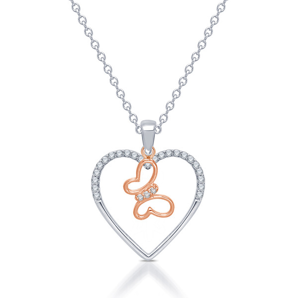 New Collection Two Tone Sterling Silver Love Heart Butterfly Pendant Necklace