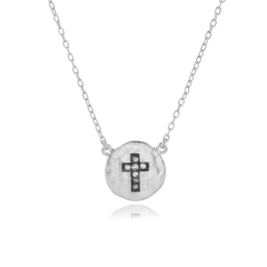 Sterling Silver Two Tone Plated Round Disc with Cross Pendant Necklace