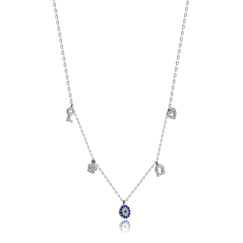 Sterling Silver Blue Sapphire and White Cubic Zirconia Multi Charm Necklace