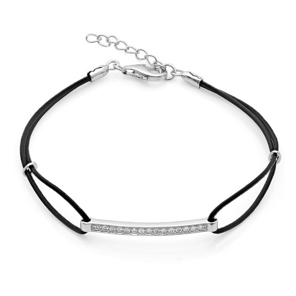 Sterling Silver Cubic Zirconia Sideways Bar Double Leather Bracelet