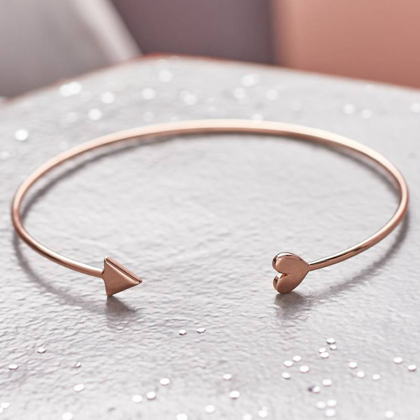 High Polish Sterling Silver Arrow Heart Open Cuff Bangle Bracelet