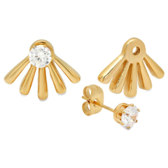 Fashion Sterling Silver 14K Gold Plated CZ Fan Ear Jacket Earrings