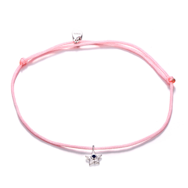 925 Sterling Silver Black Cubic Zirconia Pink Nylon Cord Star Bracelet