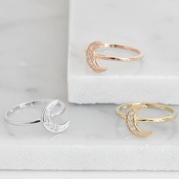 Women Jewelry Sterling Silver Cubic Zirconia Crescent Moon Ring