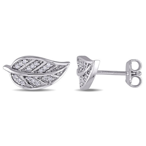 Fancy Jewelry 925 Sterling Silver Rhodium Plated CZ Leaf Stud Earrings