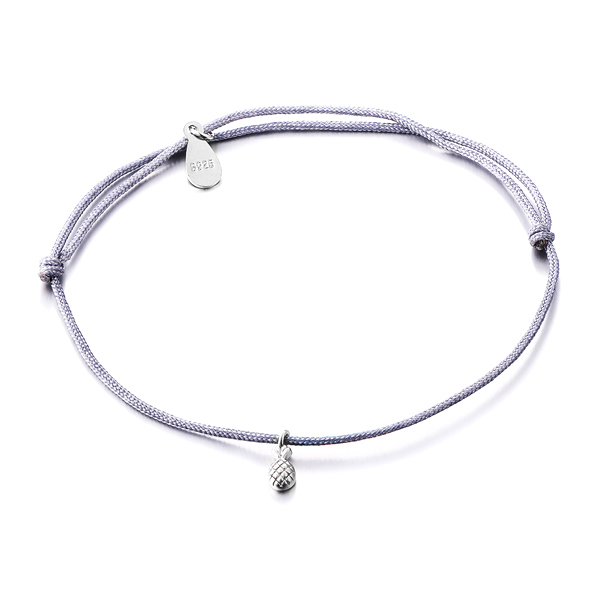 14K Yellow Gold Plated Silver Plain Gray Cord Pineapple Charm Bracelet