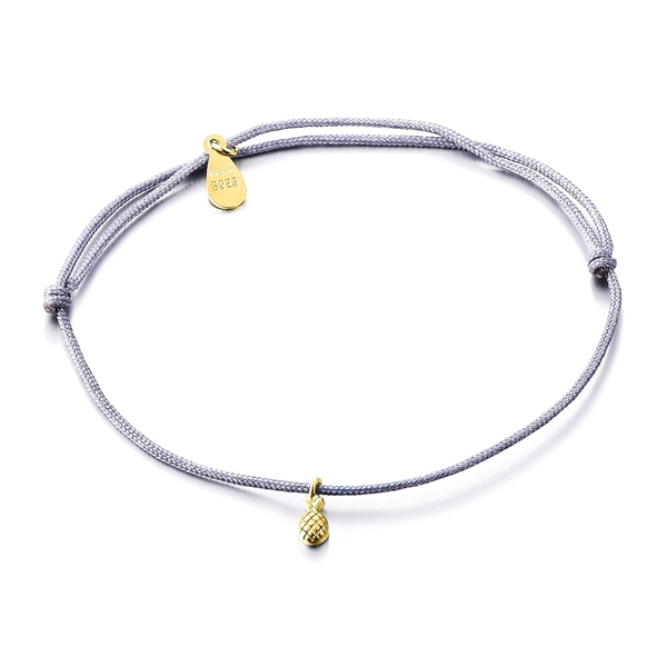 14K Yellow Gold Plated Silver Plain Gray Cord Pineapple Charm Bracelet