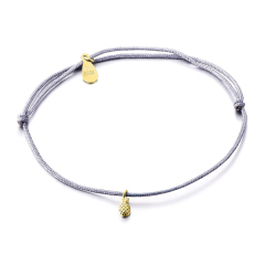 14K Yellow Gold Plated Silver Plain Gray Cord Pineapple Charm Bracelet