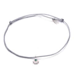 14K Yellow Gold Silver Emerald CZ Gray Nylon Cord Fatima Hand Bracelet