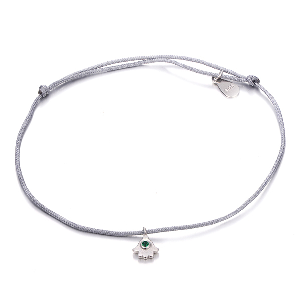 14K Yellow Gold Silver Emerald CZ Gray Nylon Cord Fatima Hand Bracelet