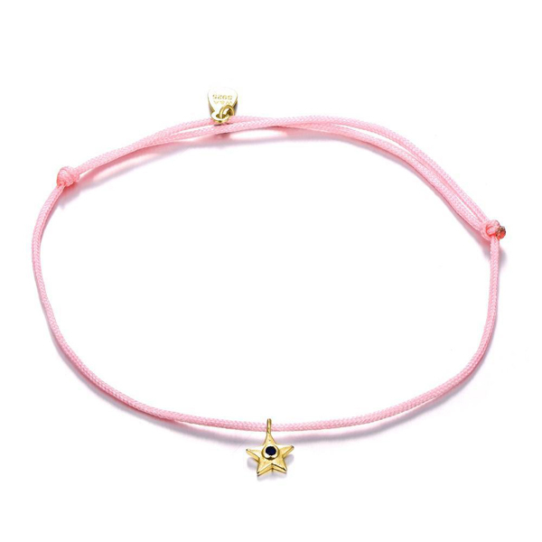 925 Sterling Silver Black Cubic Zirconia Pink Nylon Cord Star Bracelet