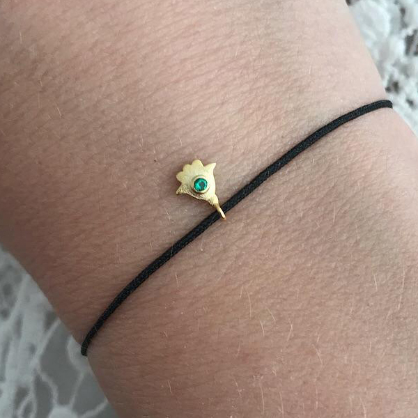 Handmade Sterling Silver Emerald CZ Black Nylon Cord Fatima Hand Bracelet