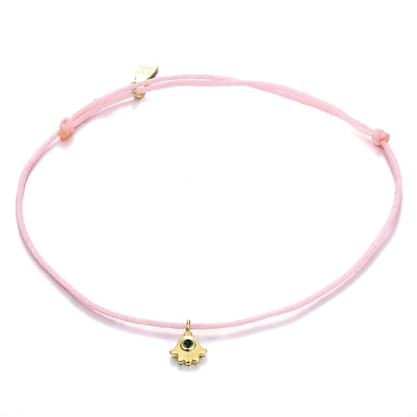 Sterling Silver Emerald Cubic Zirconia Pink Nylon Cord Fatima Hand Bracelet