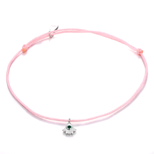 Sterling Silver Emerald Cubic Zirconia Pink Nylon Cord Fatima Hand Bracelet