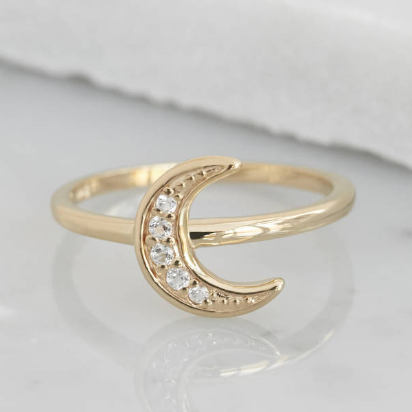 Women Jewelry Sterling Silver Cubic Zirconia Crescent Moon Ring