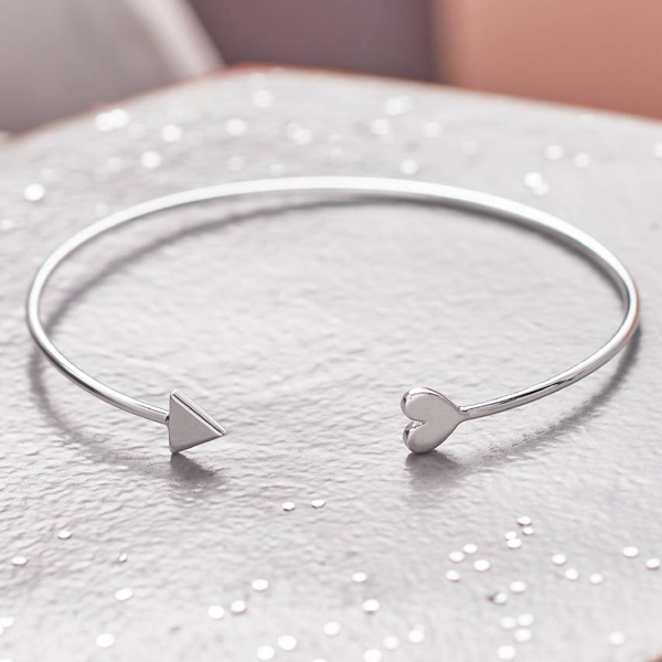 High Polish Sterling Silver Arrow Heart Open Cuff Bangle Bracelet
