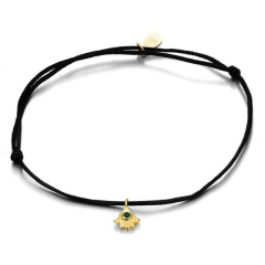 Handmade Sterling Silver Emerald CZ Black Nylon Cord Fatima Hand Bracelet