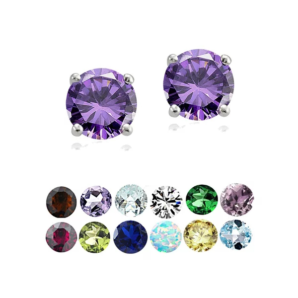 Sterling Silver Round Gemstone Birthstone Amethyst Stud Earrings