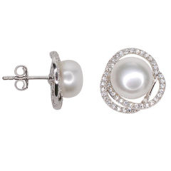 Sterling Silver Button Freshwater Pearl and Cubic Zirconia Flower Earrings