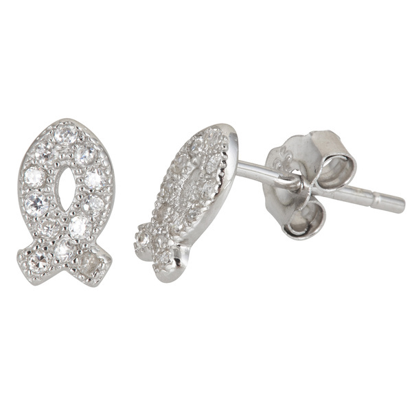 Sterling Silver Pave Cubic Zirconia Small Fish Stud Earrings for Girls