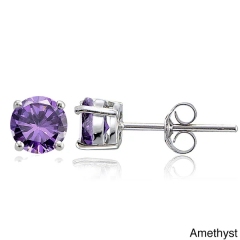 Sterling Silver Round Gemstone Birthstone Amethyst Stud Earrings