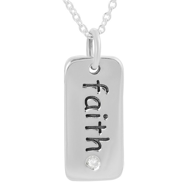 Fine Jewelry Sterling Silver Cubic Zirconia Faith Tag Pendant Necklace