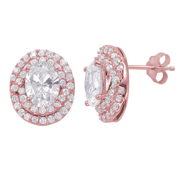 Sterling Silver 14K Gold Plated Cubic Zirconia Sparkly Halo Stud Earrings