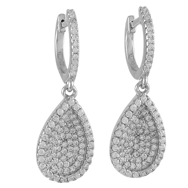 Sterling Silver Cubic Zirconia Pave Set Teardrop Leverback Dangle Earrings