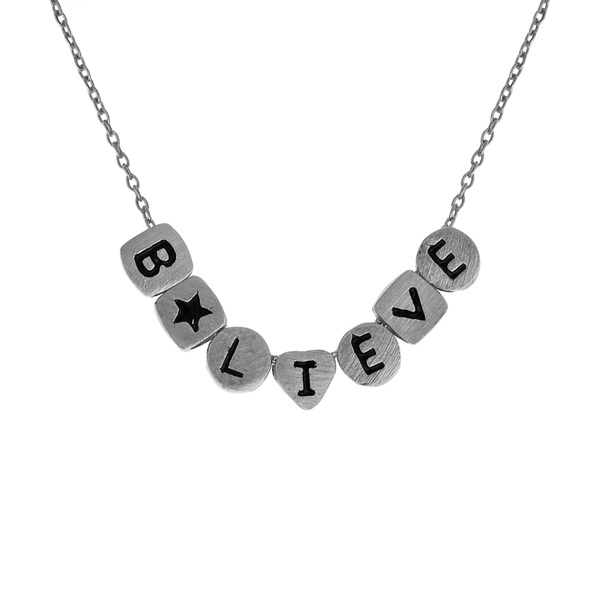 Sterling Silver Enriching Word Curved Letter Believe Multi Charm Necklace