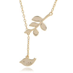 Delicate Design Sterling Silver 14K Gold Plated Leaf and Bird Lariat Necklace