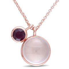 Rose Plated Sterling Silver Rose Quartz and Rhodolite Double Circle Necklace