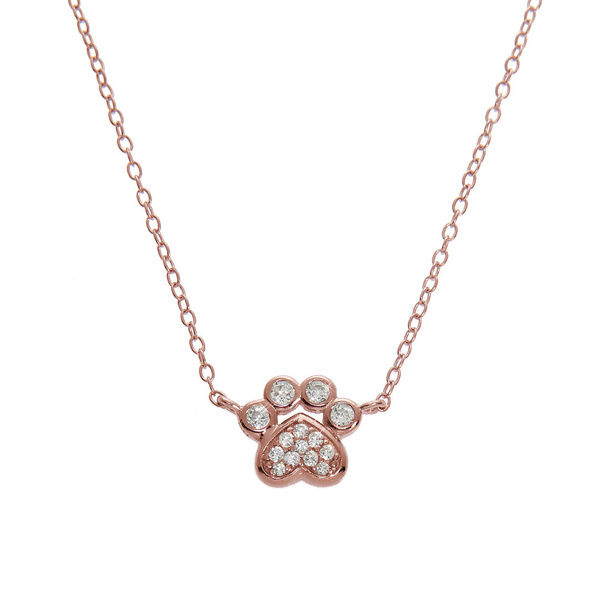 Rose Gold Plated Sterling Silver Small Micropave Paw Print Necklace