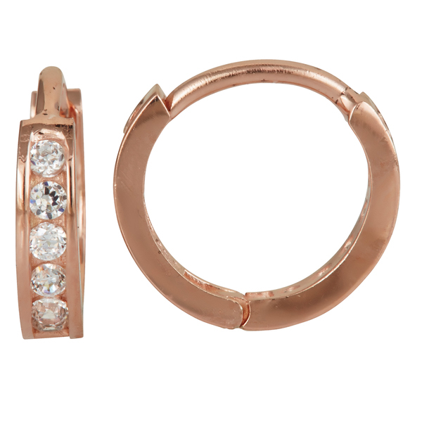 Rose Gold Sterling Silver Cubic Zirconia Single Row Hoop Huggie Earrings