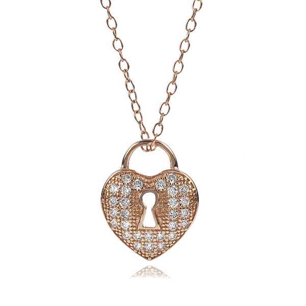 Rose Goldtone Sterling Silver Cubic Zirconia Heart Lock Pendant Necklace