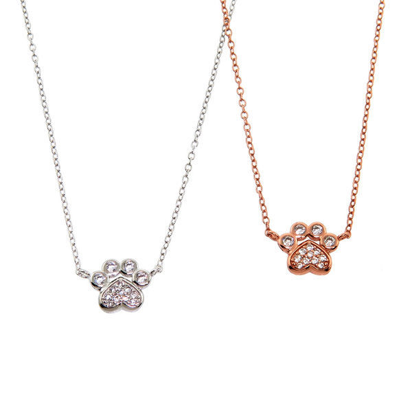Rose Gold Plated Sterling Silver Small Micropave Paw Print Necklace