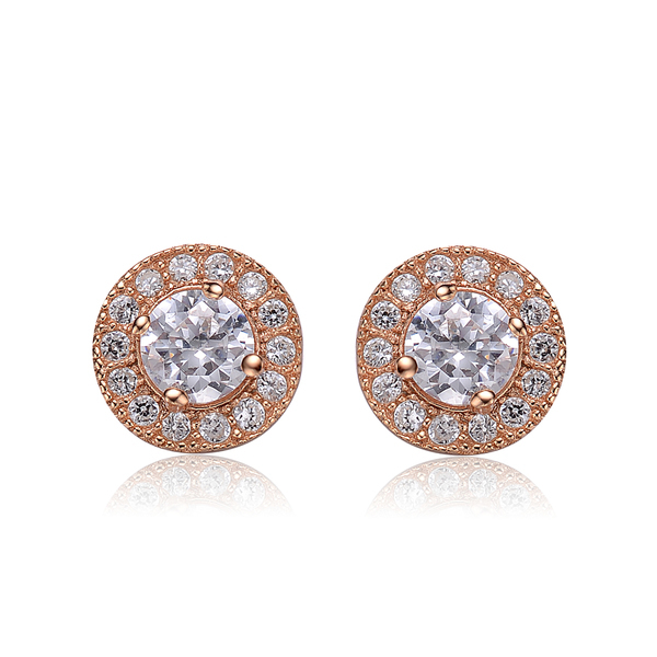 Sterling Silver Rose Gold Plated Round Stud Earrings Cubic Zirconia