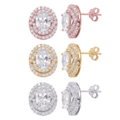 Sterling Silver 14K Gold Plated Cubic Zirconia Sparkly Halo Stud Earrings