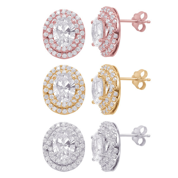 Sterling Silver 14K Gold Plated Cubic Zirconia Sparkly Halo Stud Earrings