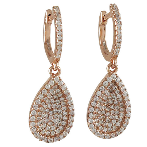 Sterling Silver Cubic Zirconia Pave Set Teardrop Leverback Dangle Earrings