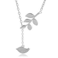 Delicate Design Sterling Silver 14K Gold Plated Leaf and Bird Lariat Necklace